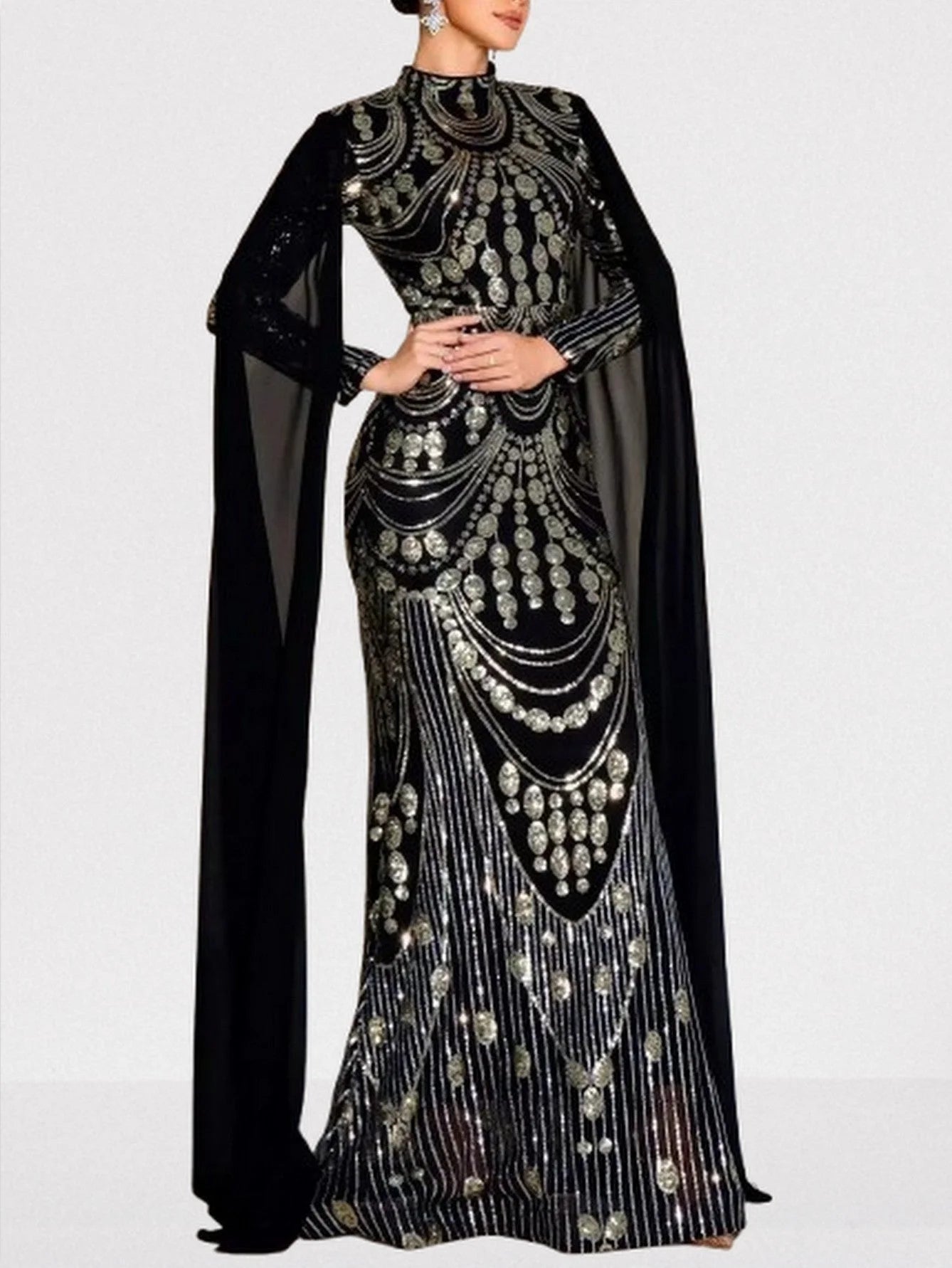 Sequin Embellished Black Gown with Flowing Cape Dresses