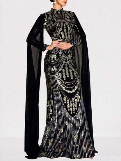Sequin Embellished Black Gown with Flowing Cape Dresses