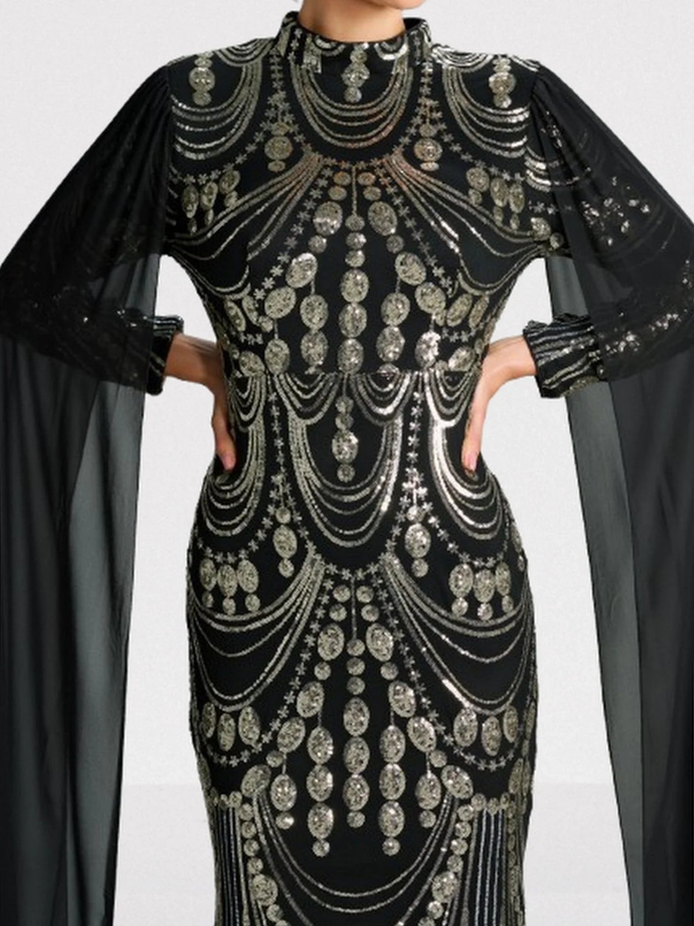 Sequin Embellished Black Gown with Flowing Cape Dresses