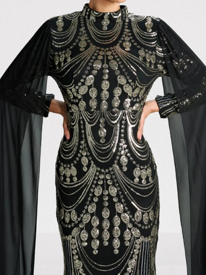 Sequin Embellished Black Gown with Flowing Cape Dresses