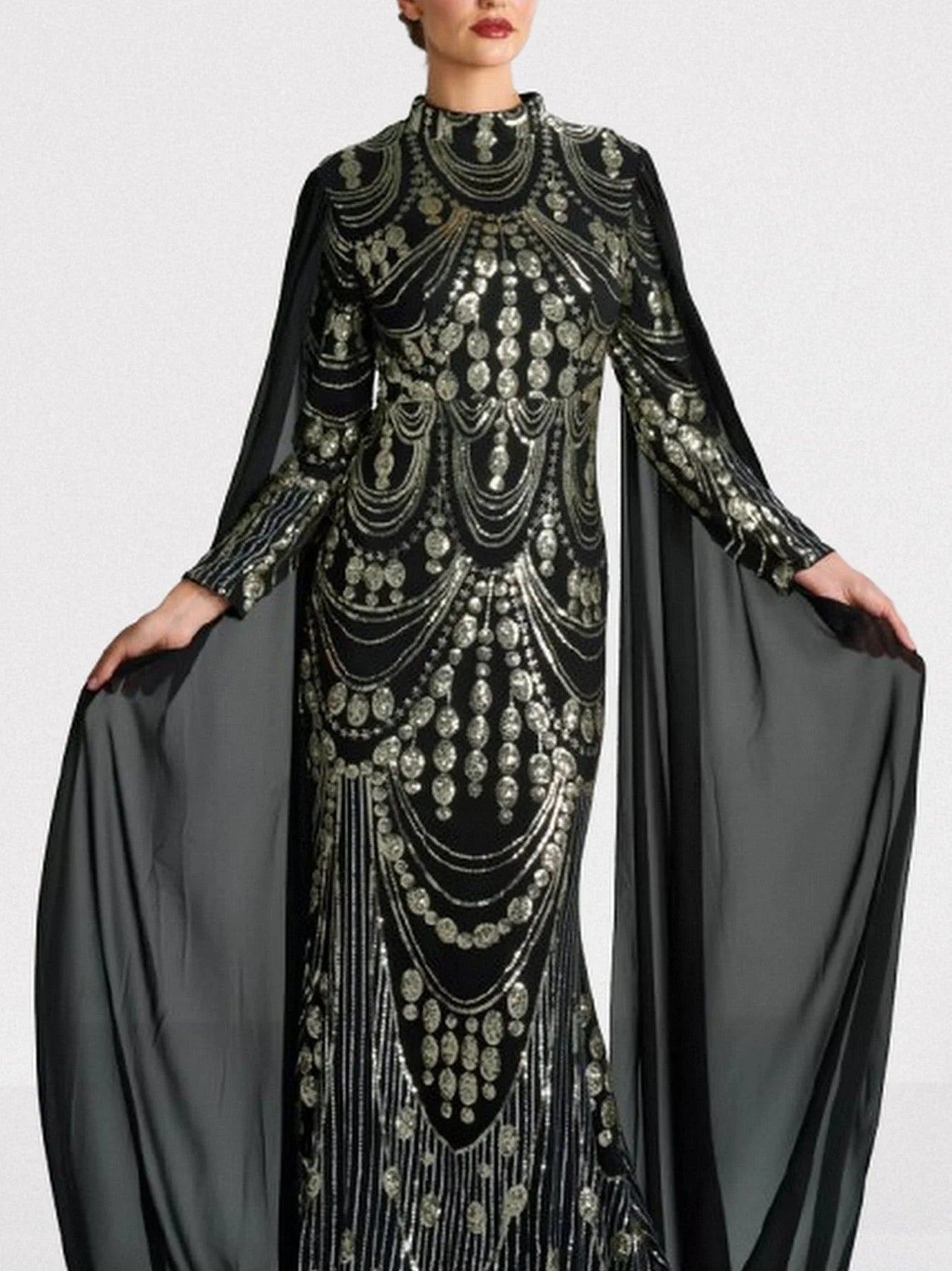 Sequin Embellished Black Gown with Flowing Cape Dresses