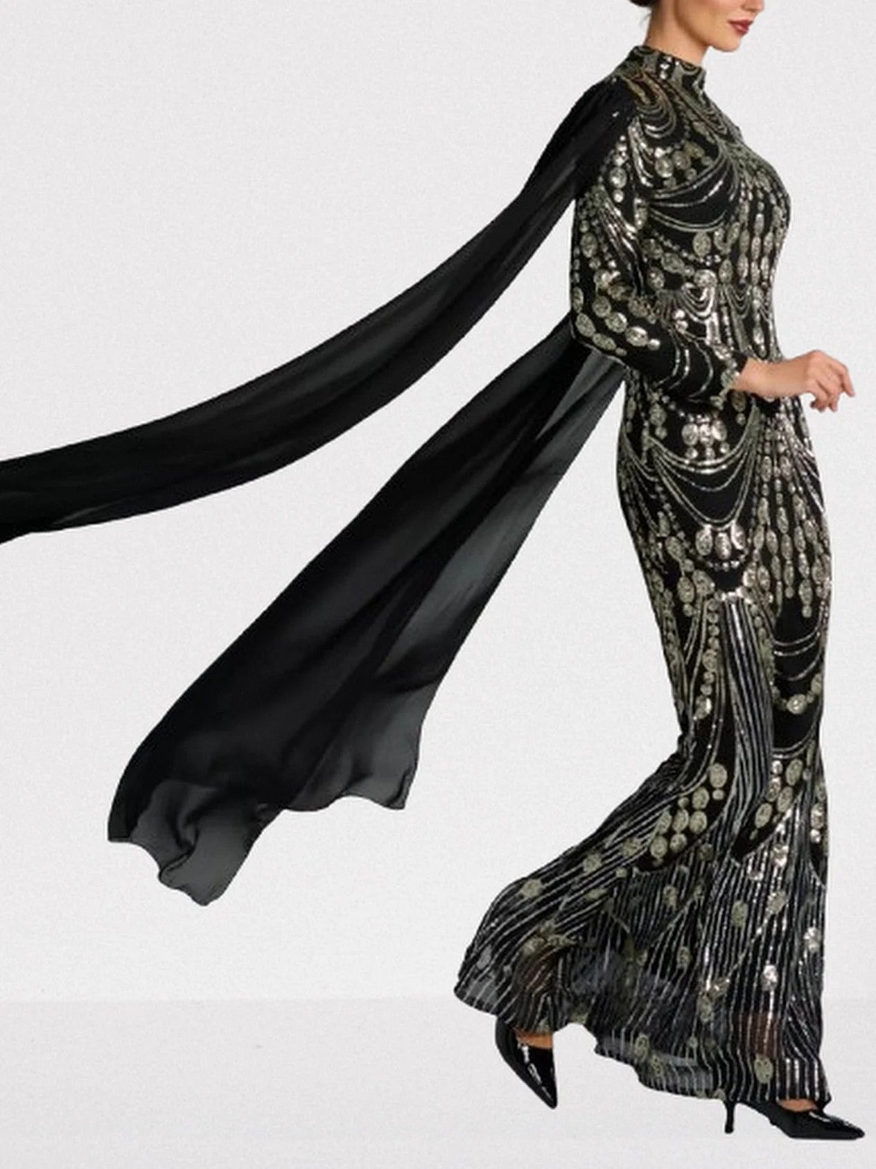 Sequin Embellished Black Gown with Flowing Cape Dresses