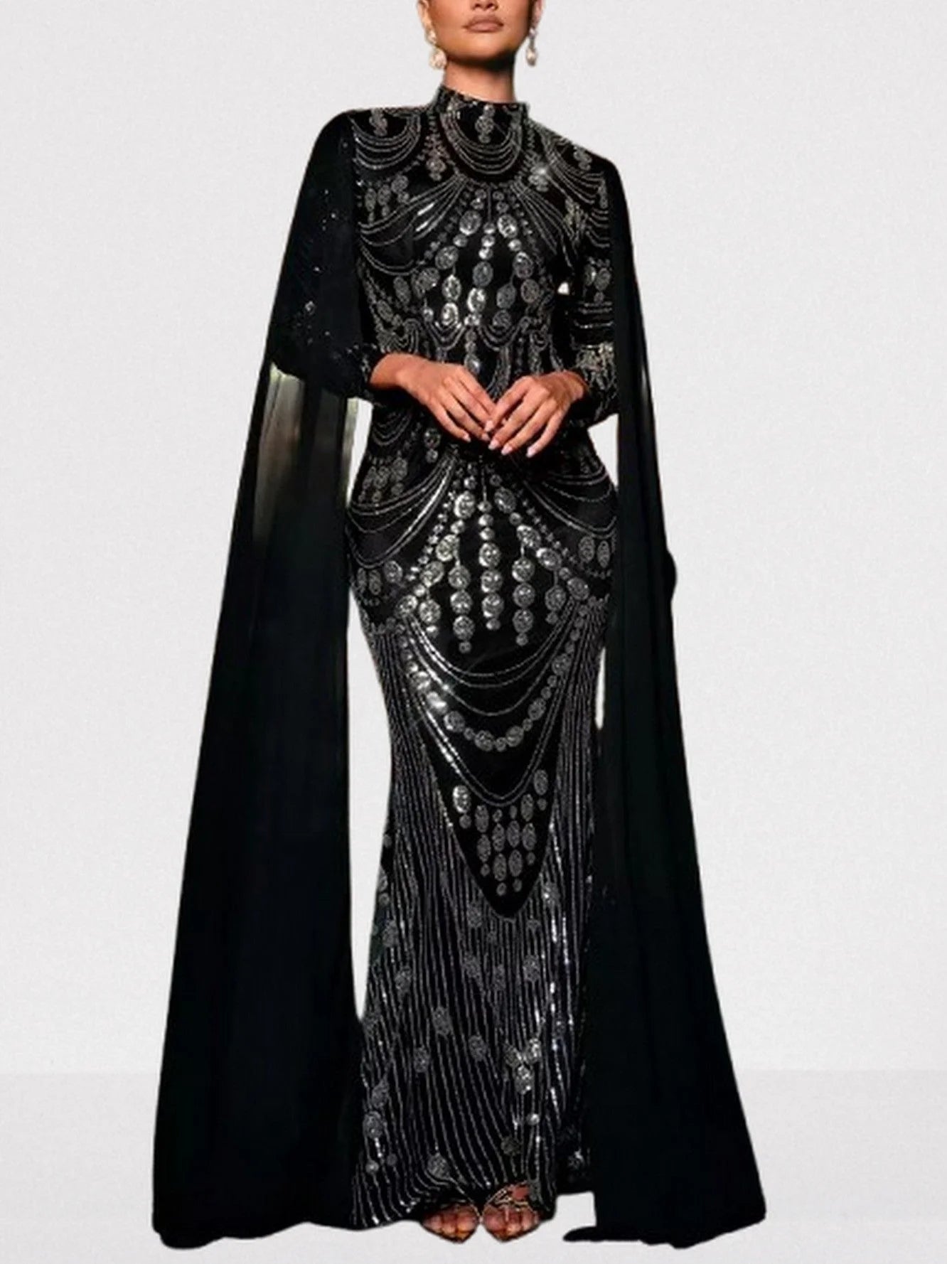 Sequin Embellished Black Gown with Flowing Cape Dresses
