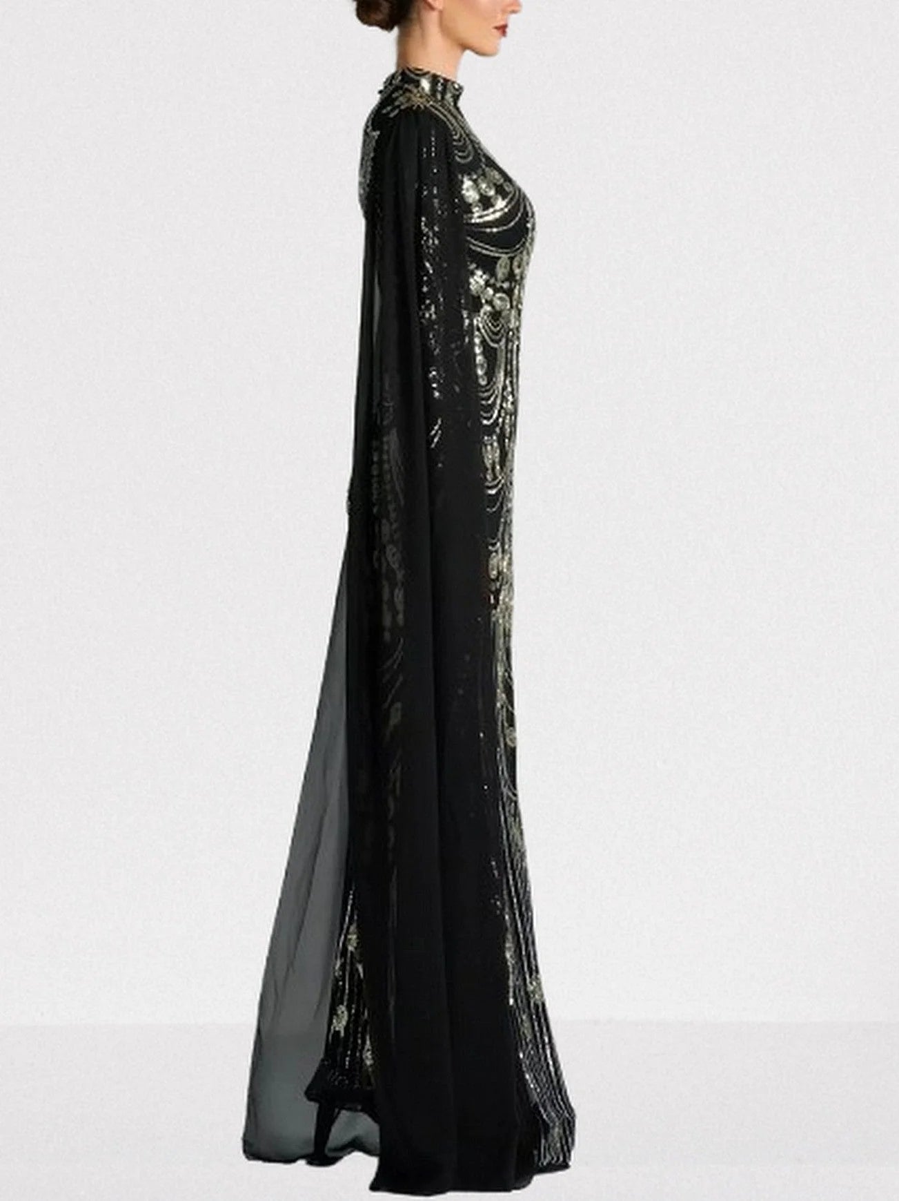 Sequin Embellished Black Gown with Flowing Cape Dresses