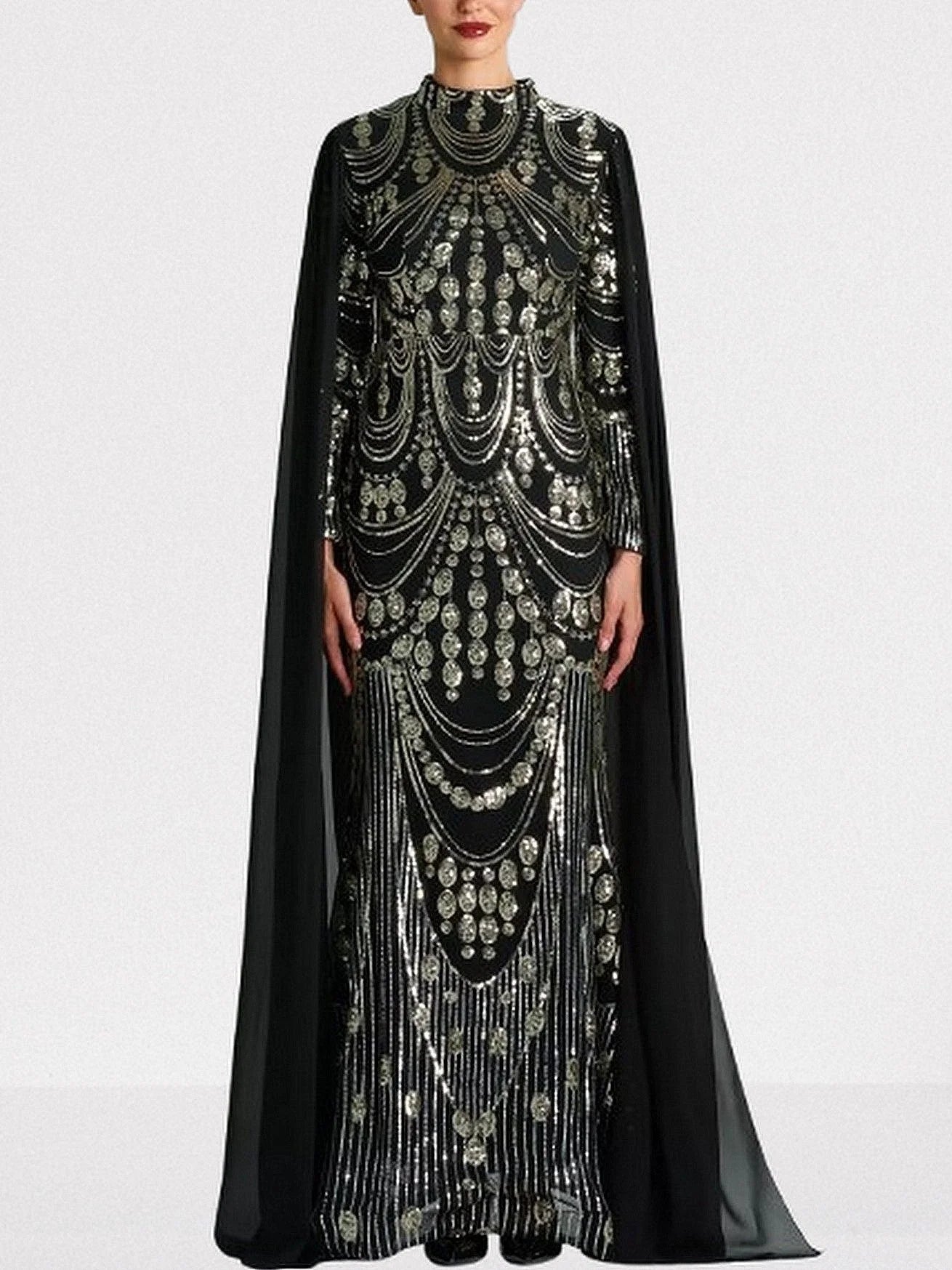 Sequin Embellished Black Gown with Flowing Cape Dresses