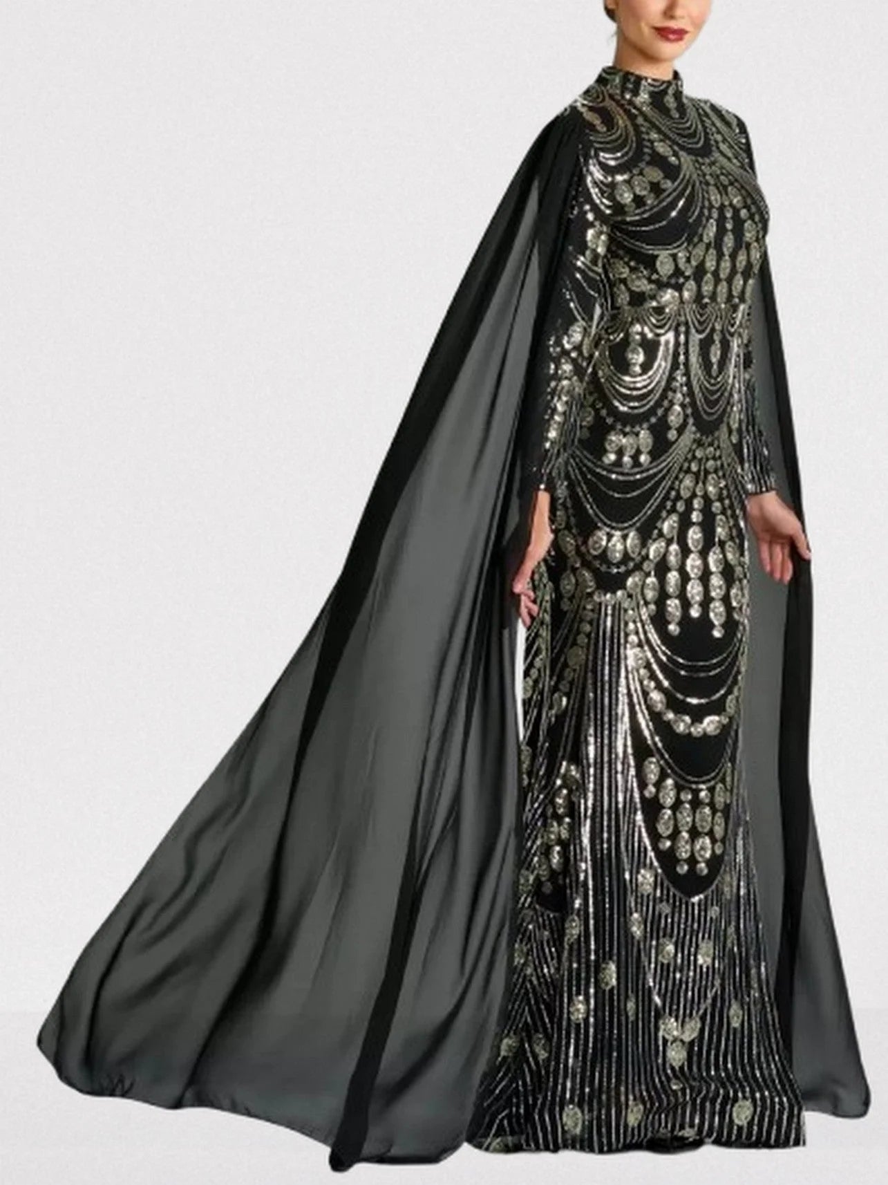 Sequin Embellished Black Gown with Flowing Cape Dresses