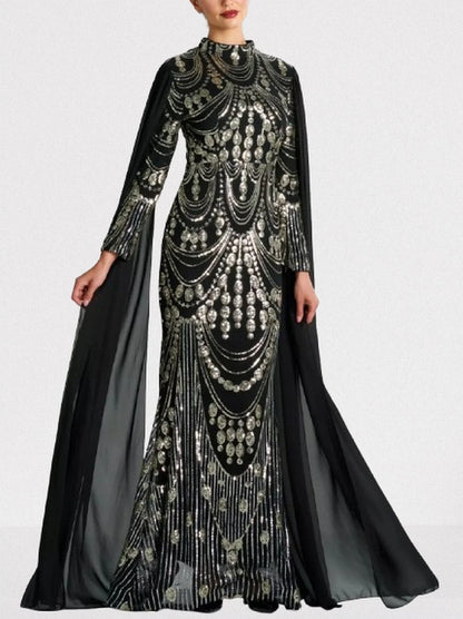 Sequin Embellished Black Gown with Flowing Cape Dresses