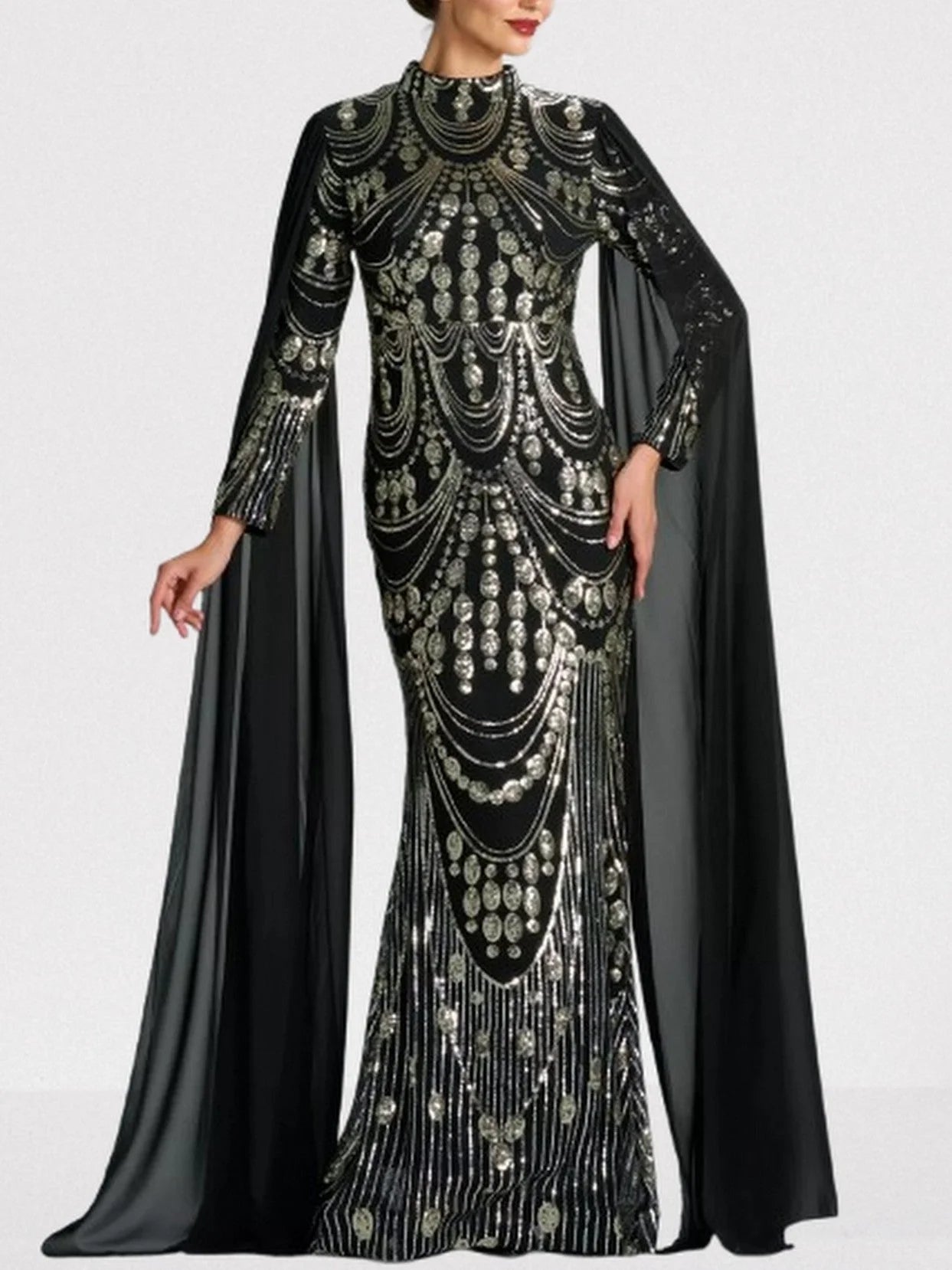 Sequin Embellished Black Gown with Flowing Cape Dresses