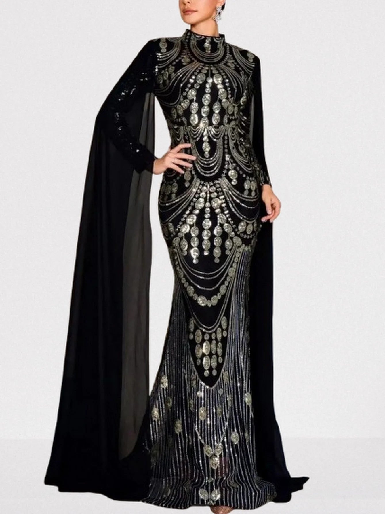 Sequin Embellished Black Gown with Flowing Cape Dresses
