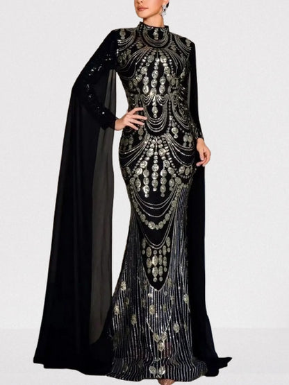 Sequin Embellished Black Gown with Flowing Cape Dresses