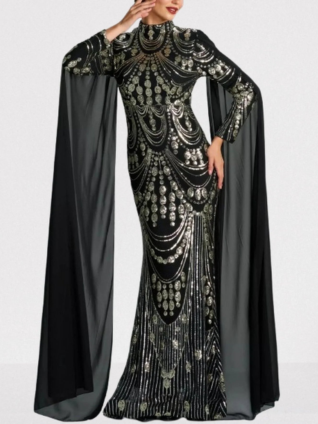 Sequin Embellished Black Gown with Flowing Cape Dresses