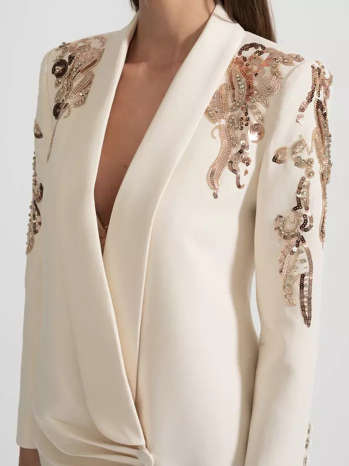 Sequin-Embellished Draped Cady Blazer Mini Dress