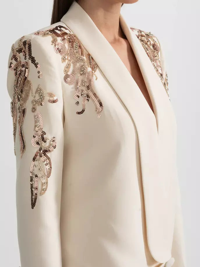 Sequin-Embellished Draped Cady Blazer Mini Dress