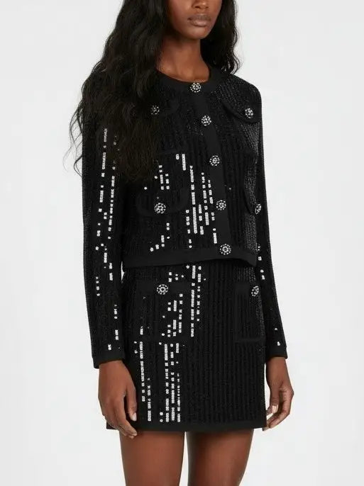 Sequin-Embellished Knit Cardigan and Mini Skirt Set - Suits & Sets
