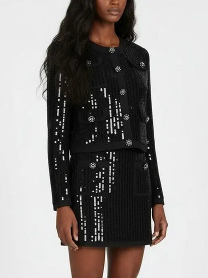 Sequin-Embellished Knit Cardigan and Mini Skirt Set - Suits & Sets