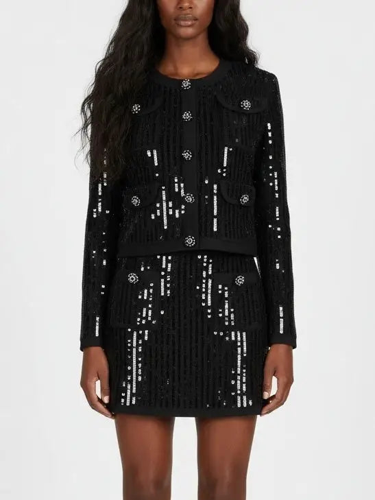 Sequin-Embellished Knit Cardigan and Mini Skirt Set - S / Black - Suits & Sets