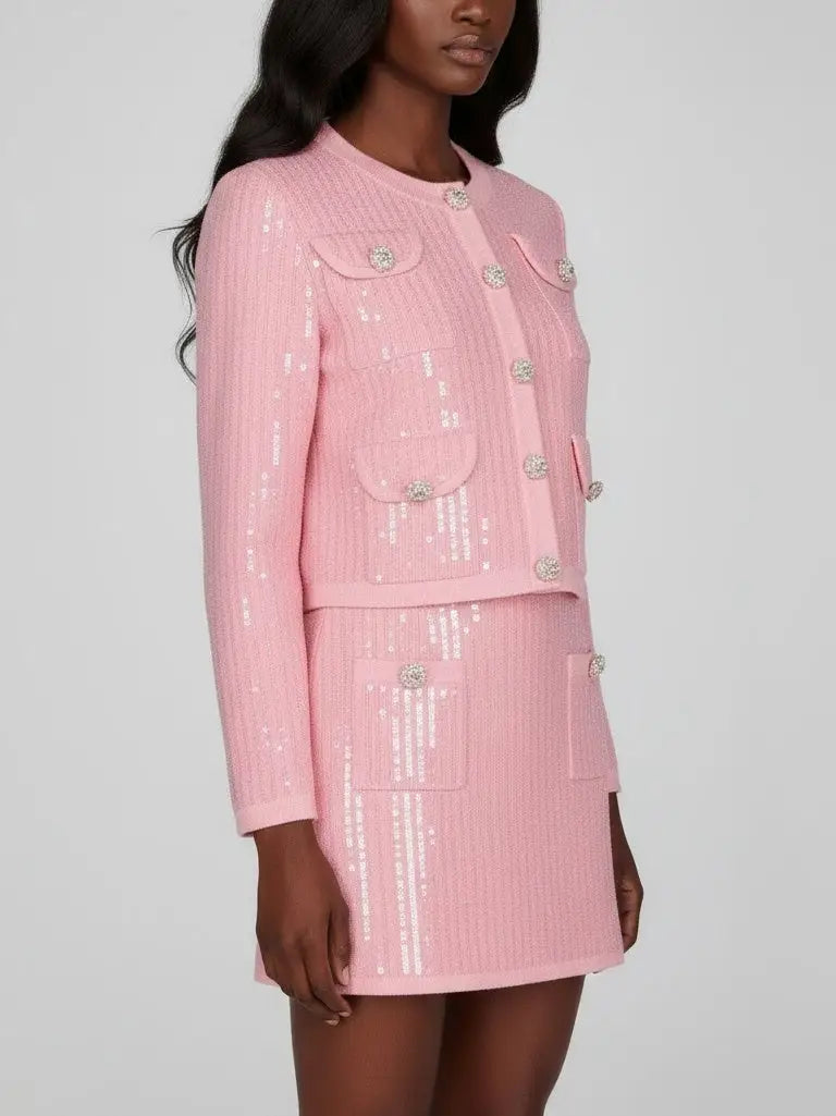 Sequin-Embellished Knit Cardigan and Mini Skirt Set - Suits & Sets