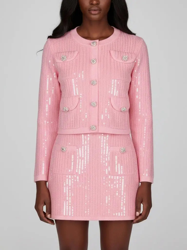 Sequin-Embellished Knit Cardigan and Mini Skirt Set - S / Pink - Suits & Sets