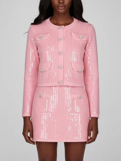 Sequin-Embellished Knit Cardigan and Mini Skirt Set - S / Pink - Suits & Sets
