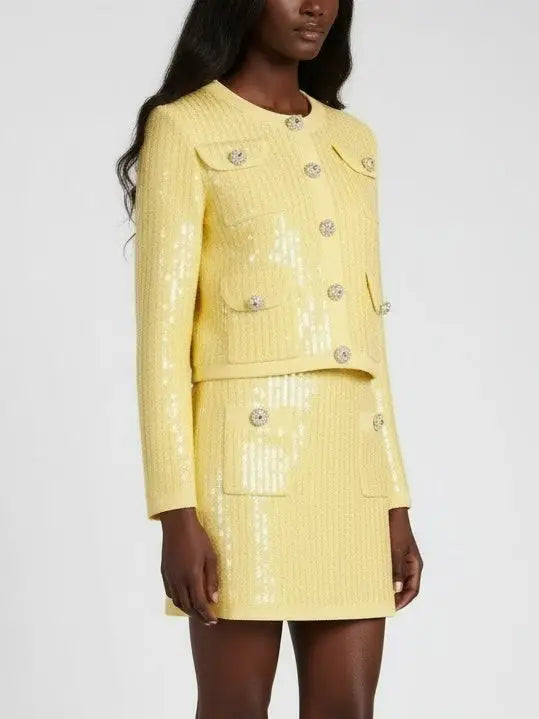 Sequin-Embellished Knit Cardigan and Mini Skirt Set - Suits & Sets