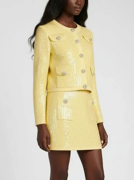 Sequin-Embellished Knit Cardigan and Mini Skirt Set - Suits & Sets