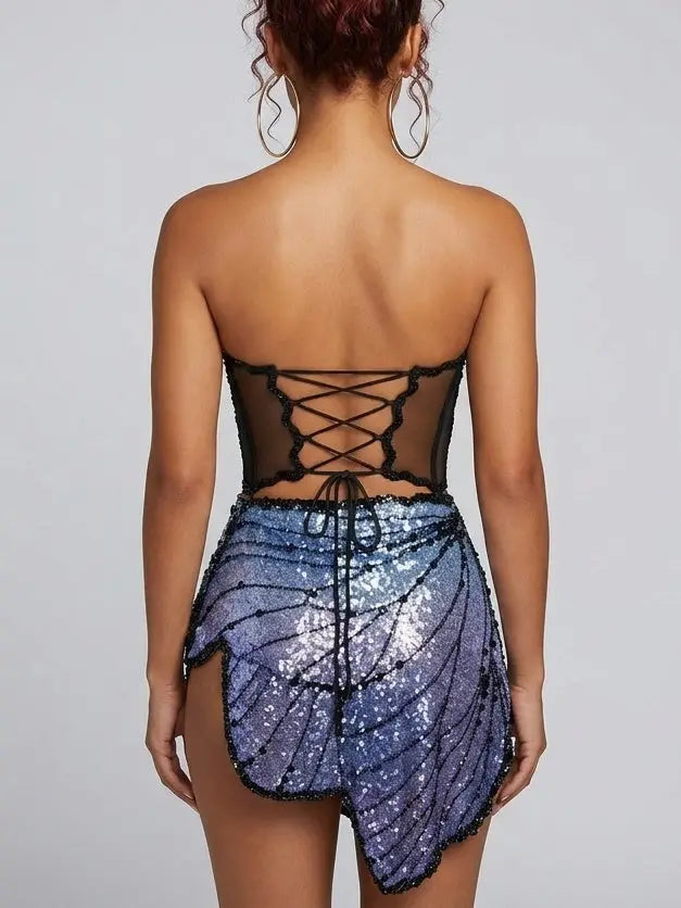Sequin-Embellished Mesh Playsuit in Purple - Suits & Sets