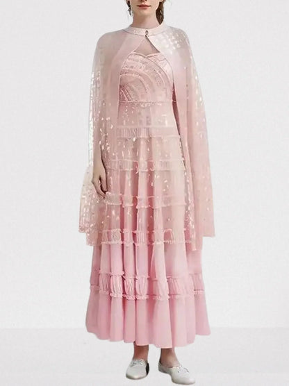 Sequin-Embellished Strapless Dress and Cape Set - S / Pink - Dresses