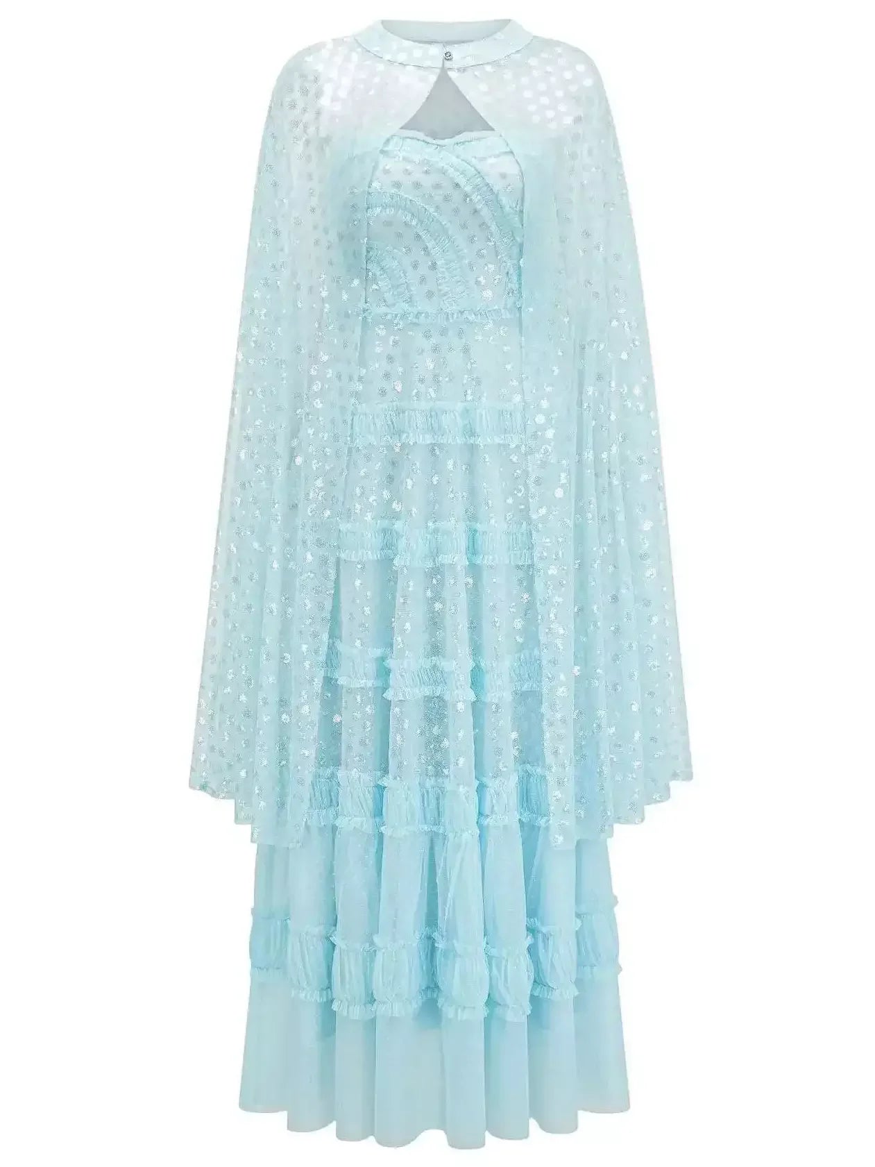Sequin-Embellished Strapless Dress and Cape Set - S / Light Blue - Dresses