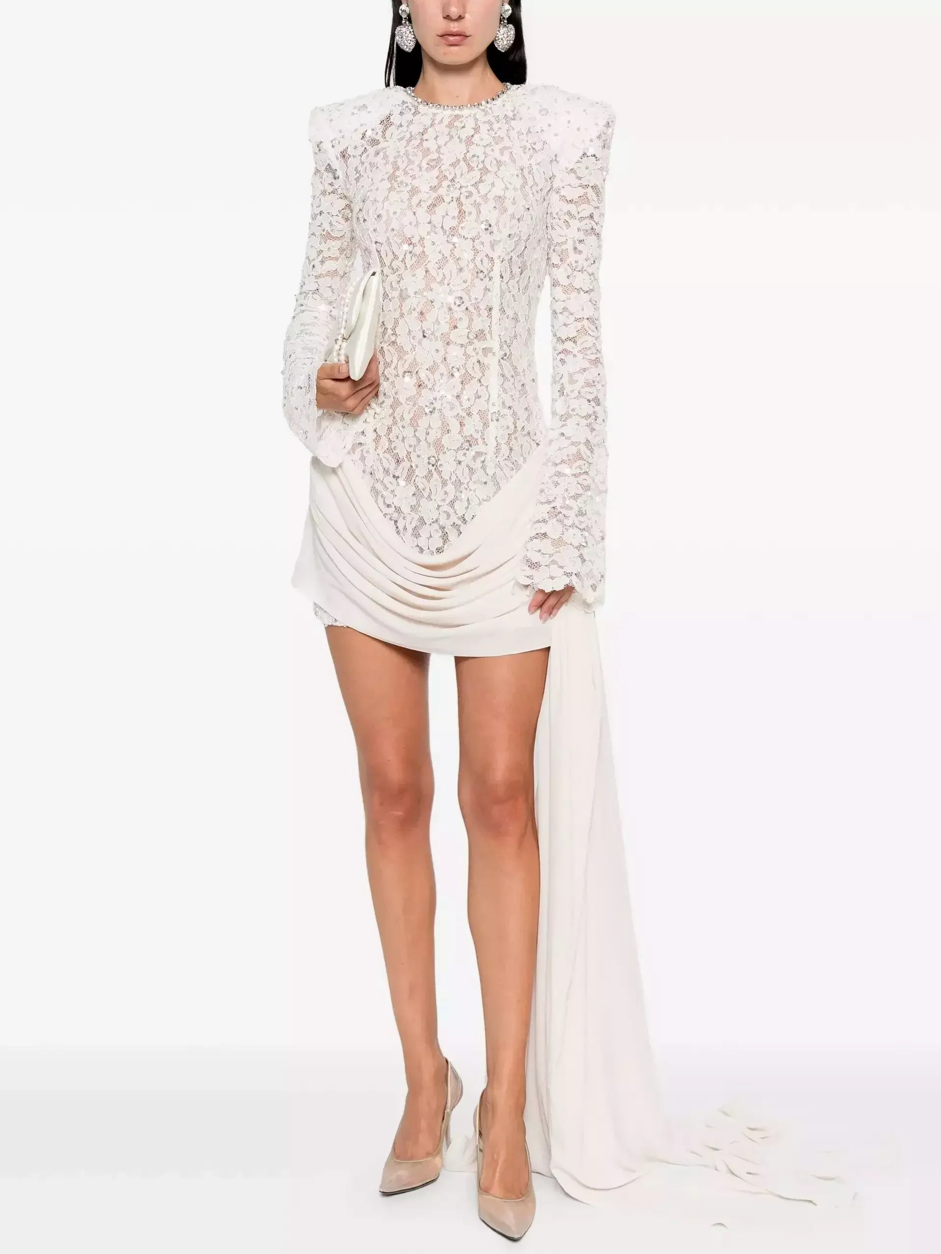 Sequin Embellished White Lace Mini Dress Dresses