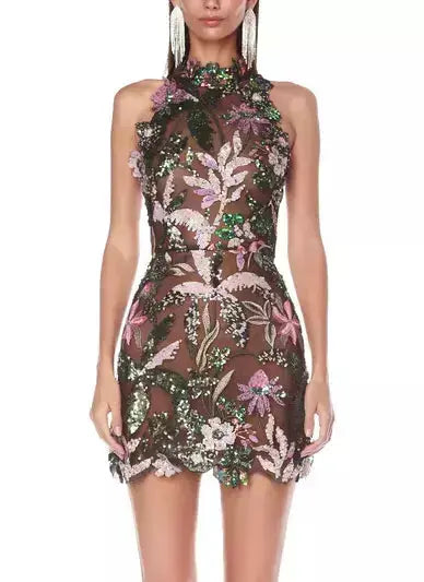 Sequin Embroidered Halterneck Mini Dress - Branna Couture