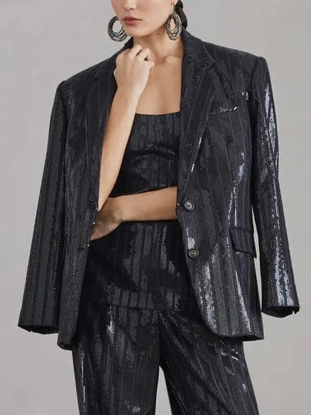 Sequin-Striped Single-Breasted Blazer Branna Couture