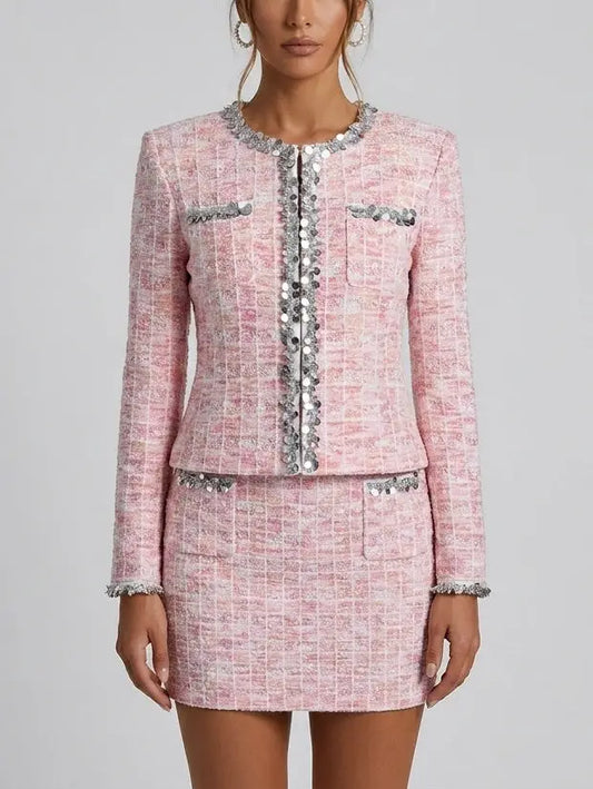 Sequin-Trim Knit Cardigan Jacket and Skirt Set in Pink - Small - Suits & Sets
