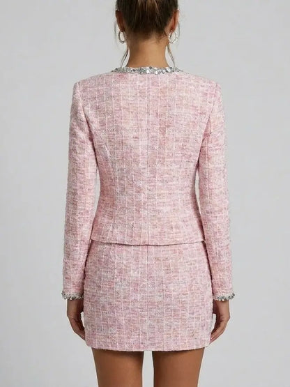 Sequin-Trim Knit Cardigan Jacket and Skirt Set in Pink - Suits & Sets