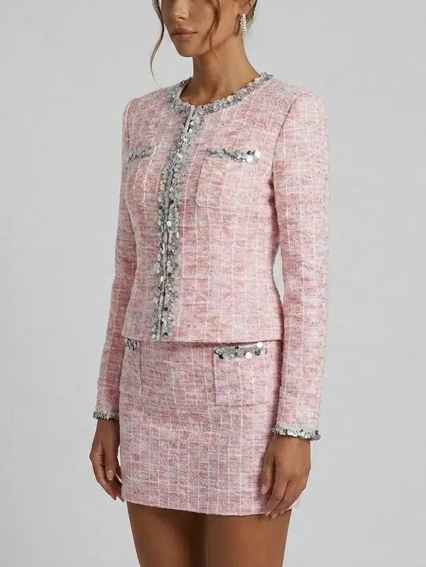 Sequin-Trim Knit Cardigan Jacket and Skirt Set in Pink - Suits & Sets