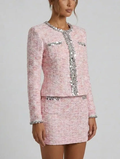 Sequin-Trim Knit Cardigan Jacket and Skirt Set in Pink - Suits & Sets