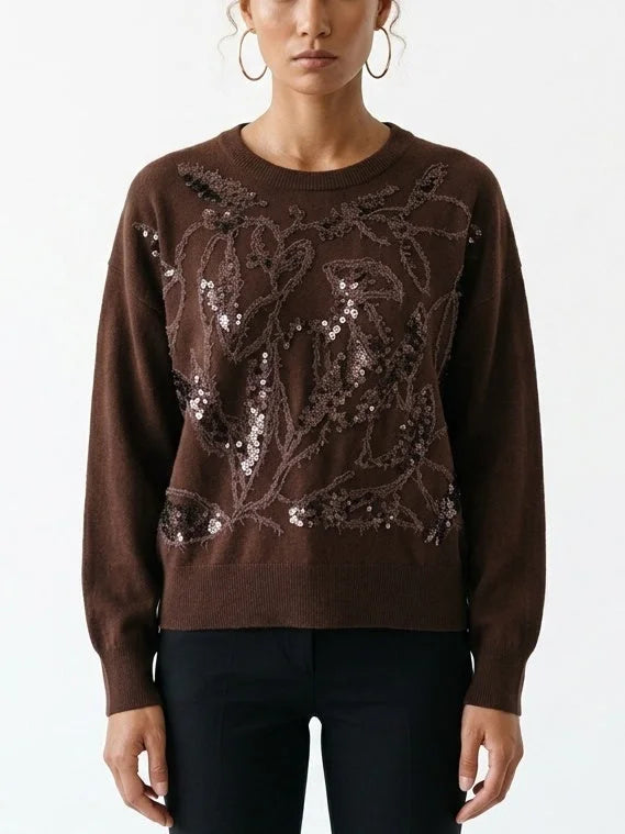 Sequin Botanical Cashmere Crew Neck Sweater - Small / Brown - Sweaters & Knitwear