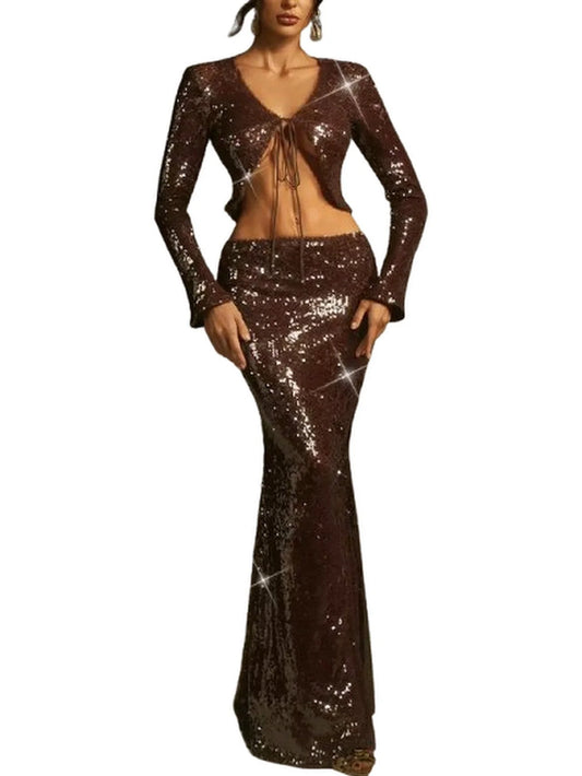Sequin Cardigan and Skirt Set in Brown - XS - Suits & Sets