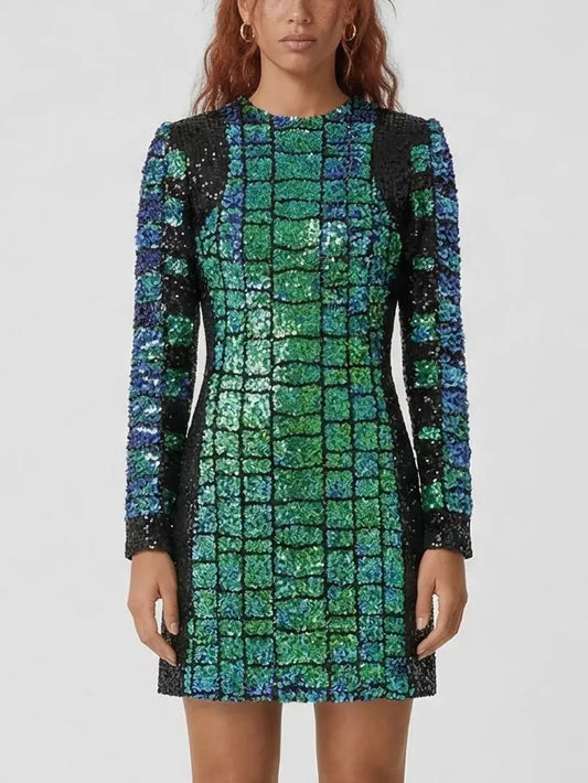 Sequin Crocodile Pattern Long Sleeve Mini Dress - XS - Dresses
