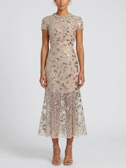 Sequin Embellished Mesh Midi Dress with Fluted Hem - Small - Dresses