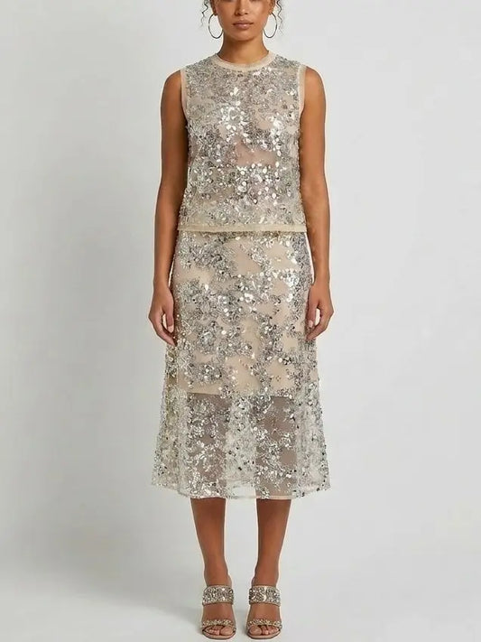 Sequin Embellished Mesh Top and Midi Skirt Set - Small - Suits & Sets