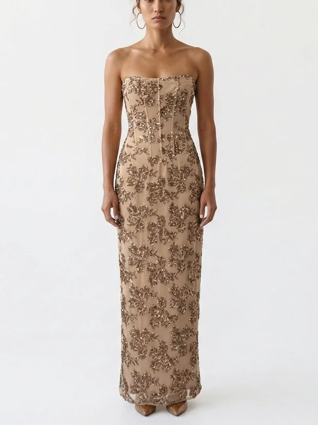Sequin Embellished Strapless Corset Maxi Dress - Small - Dresses