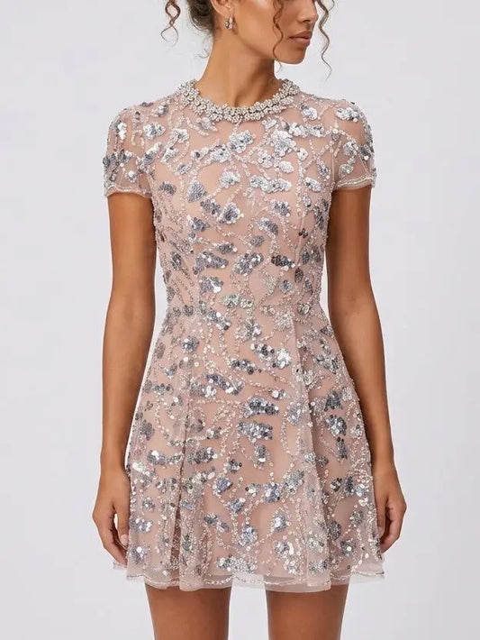 Sequin Embroidered Mini Dress with Rhinestone Collar - Small - Dresses
