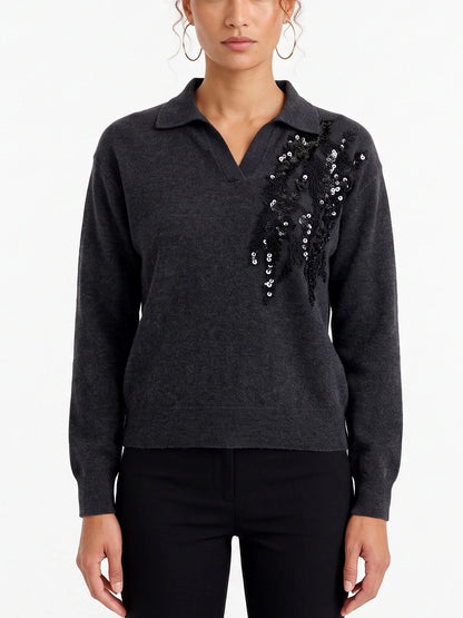 Sequin Embroidered V-Neck Collared Cashmere Sweater - Small / Charcoal - Sweaters & Knitwear