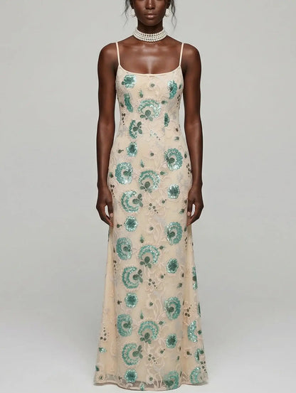 Sequin Floral Embroidered Lace-Up Maxi Dress - Small - Dresses