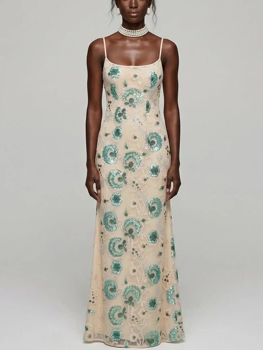 Sequin Floral Embroidered Lace-Up Maxi Dress - Small - Dresses