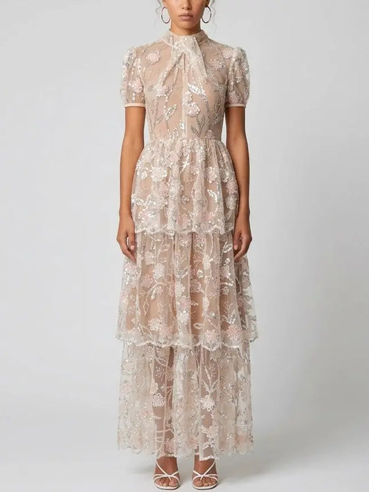 Sequin Floral Mesh Tiered Maxi Dress - XS - Dresses