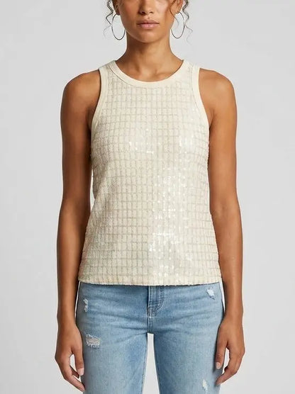 Sequin Grid Cotton Tank Top - Small / Cream - Tops