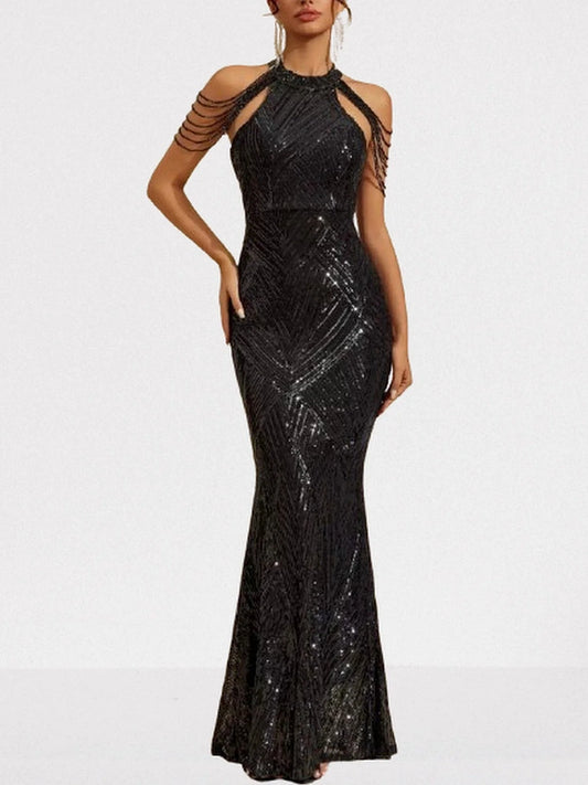 Sequin Halter Gown in Black with Draped Shoulder Beads - S - Dresses