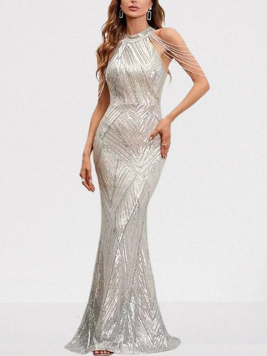 Sequin Halter Gown in Silver with Draped Shoulder Beads - S - Dresses