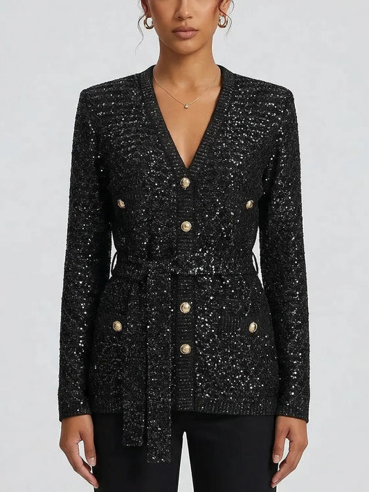 Sequin Knit Belted Cardigan Sweater - S / Black - Sweaters & Knitwear